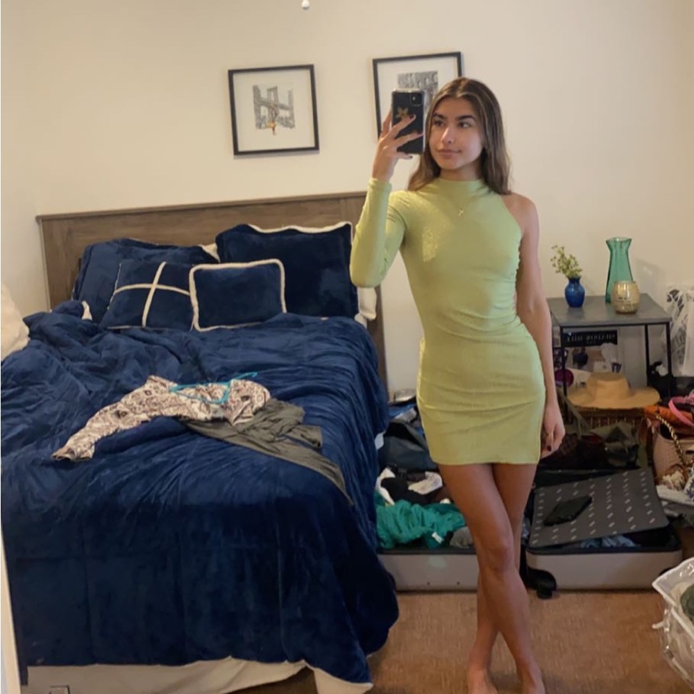 Green one sleeve green sparkle mini dress